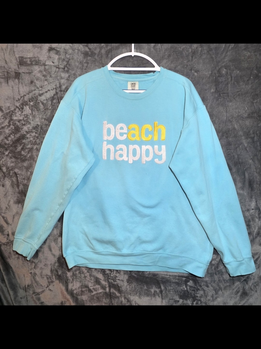 Comfort Colors Aqua Crewneck Sweatshirt with 'beach happy' Embroidery